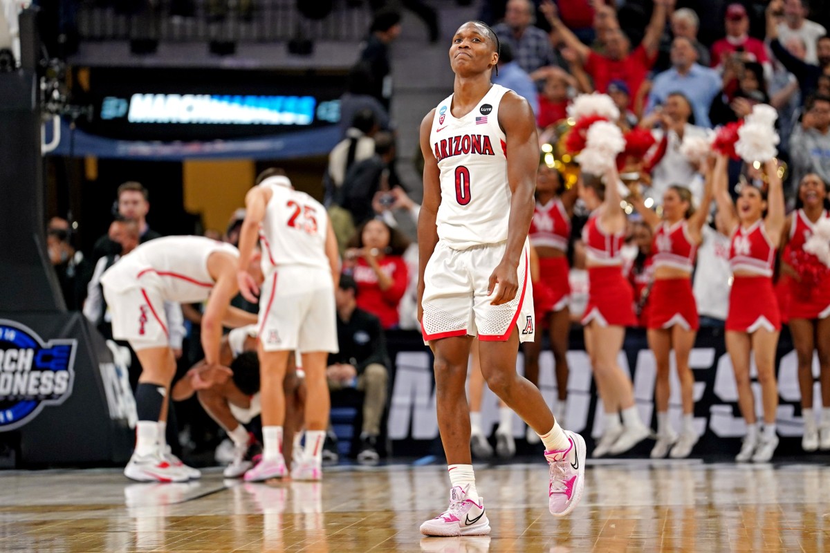 Mar 24, 2022; San Antonio, TX, USA; Arizona Wildcats guard Bennedict Mathurin (0) reacts after the game against the Houston Cougars in the semifinals of the South regional of the men's college basketball NCAA Tournament at AT&T Center. Mandatory Credit: Daniel Dunn-USA TODAY Sports